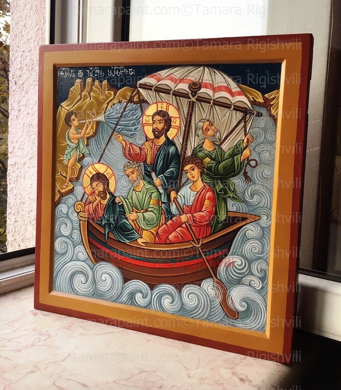 Christ Calming the  sea Storm, sold, side view, handpainted , original work, on wood board, in old Byzantine stile, Tamara Rigishvili, tamarasicons